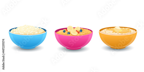 Oatmeal, millet and rice porridge. Sweet  porridges with various toppings, berries, butter and honey in bowls. Healthy food concept. Vector illustration  