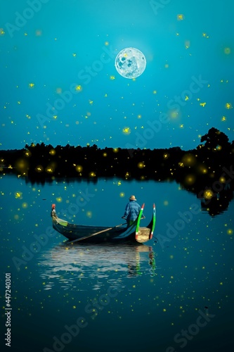 Fototapeta Naklejka Na Ścianę i Meble -  digital art of a man boating at night