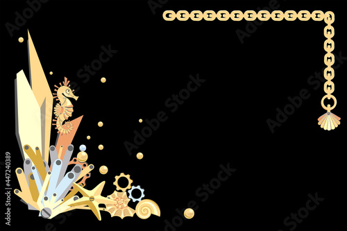 Gold corner frame with chain and abstract golden mechanical reef, coral, seaweed, sea horse, starfish, shell and pearl on rectangle black background. Steampunk style. Copy space.