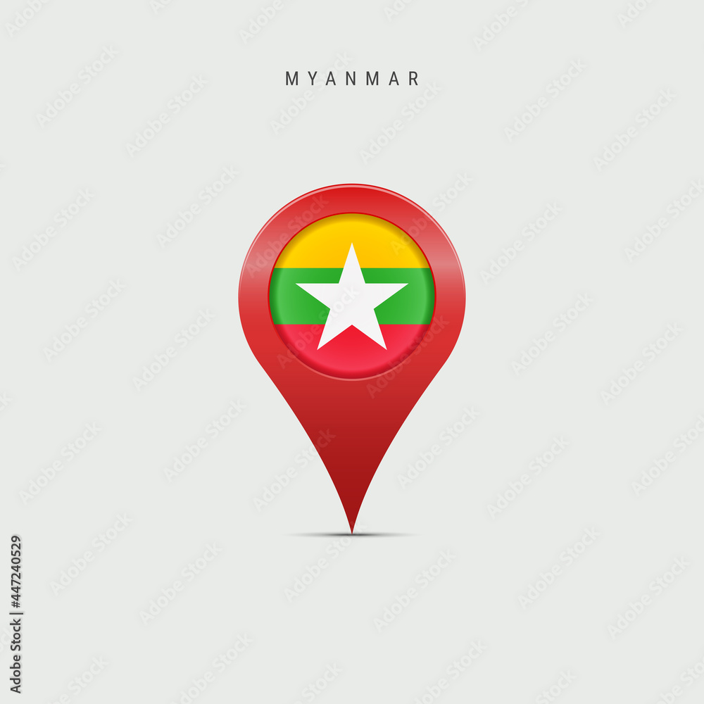 Teardrop map marker with flag of Myanmar. 3D vector illustration Teardrop map marker with flag of Myanmar. 3D vector illustration