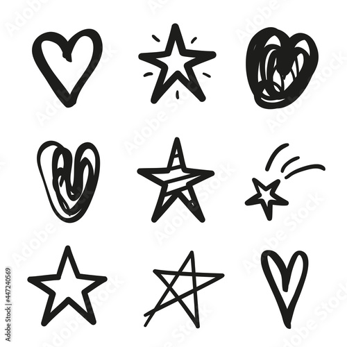Wallpaper Mural Hand drawn black hearts and stars on isolated white background. Freehand art. Black and white illustration Torontodigital.ca