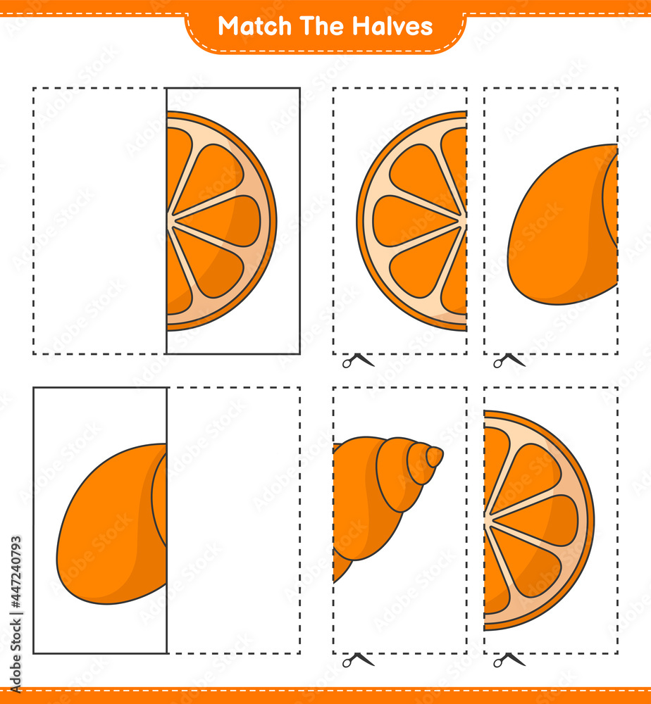Match the halves. Match halves of Orange and Sea Shells. Educational children game, printable worksheet, vector illustration
