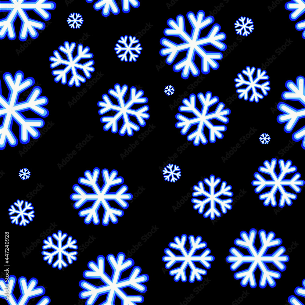 Blue Neon snowflakes, winter pattern on black background. Blue Neon snowflakes, winter pattern on black background.