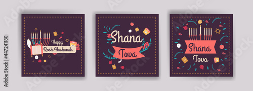 Happy rosh hashanah. Shana tova. Vector banners for social media posts, postcards, greeting cards, and posters.