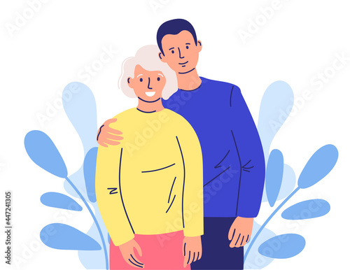 Attention to the desired person. Happy adult son hugs an old mother, feeling love for each other. grandson hugs grandmother.