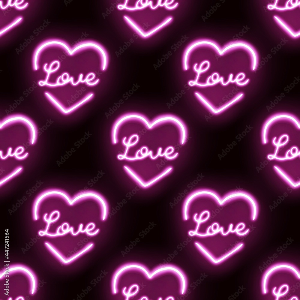 Fashion sign and signboard glowing bright neon light seamless pattern. Pink light outline symbols trendy design element on