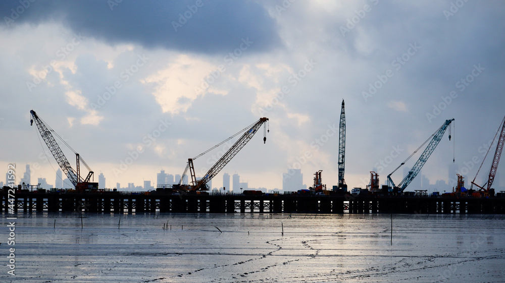 Sewri-Nhava Sheva Trans Harbour Link under construction. When completed, it would be the longest sea bridge in India