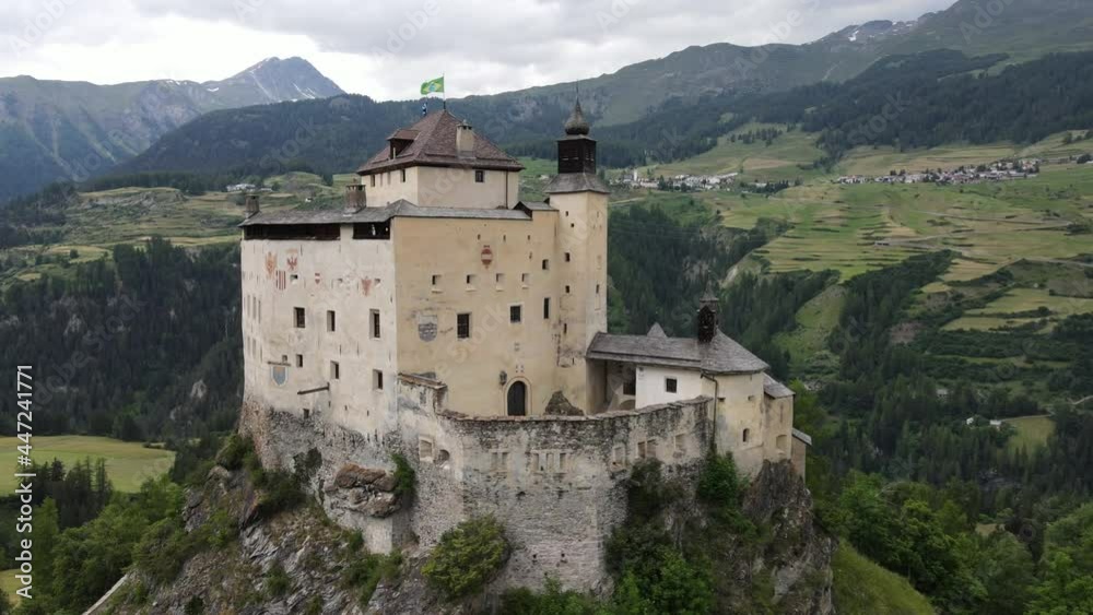 Drone view at Tarasp castle on the Swiss alps
Drone view at Tarasp castle on the Swiss alps