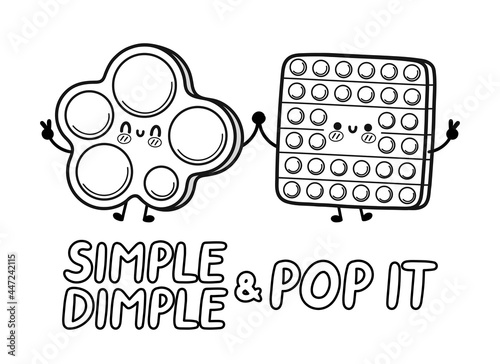 Cute funny Pop it and simple dimple. Vector hand drawn cartoon kawaii character illustration icon. Isolated on white background. Pop it fidget sensory outline cartoon illustration for coloring book