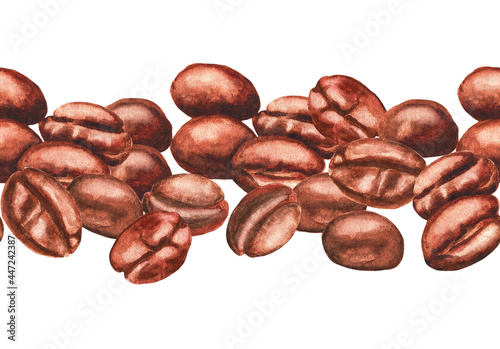Several coffee beans. Seamless pattern. Watercolor