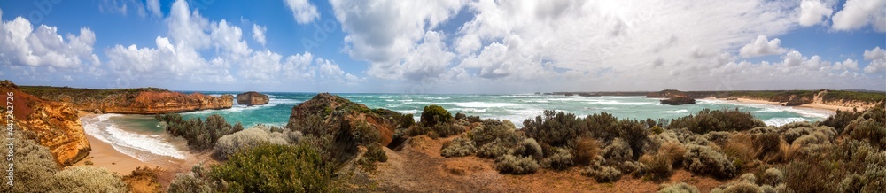 Very large panorama of the ocean bay on a sunny day from the rocky shore on a clear day. Australia. Victoria Park.