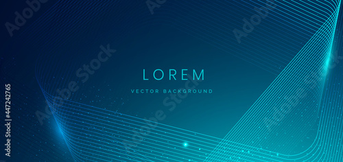 Abstract technology digital lighting futuristic glowing blue light lines wave with light blue particles background.