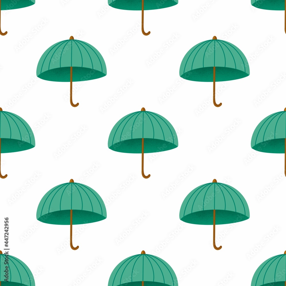 Raster umbrella green-blue colour. Autumn and summer elements isolated on white background. A seamless pattern of rainy fall elements. 