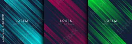 Set of abstract pink, green, blue, stripe horizontal lines light on dark blue background.