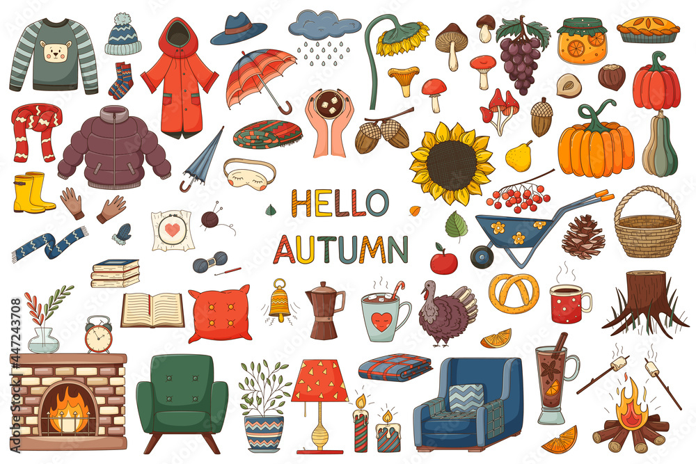 A set of elements on the theme of autumn, cozy home. A large design collection of colored doodle elements with a stroke and fill. Flat style. Color vector illustration. Isolated on white.