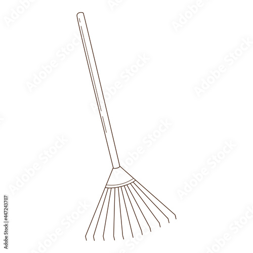 Rake for loosening the ground and collecting leaves. Garden tools, a symbol of autumn. Decorative element with an outline. Doodle, hand-drawn. Black white vector illustration. Isolated on white.