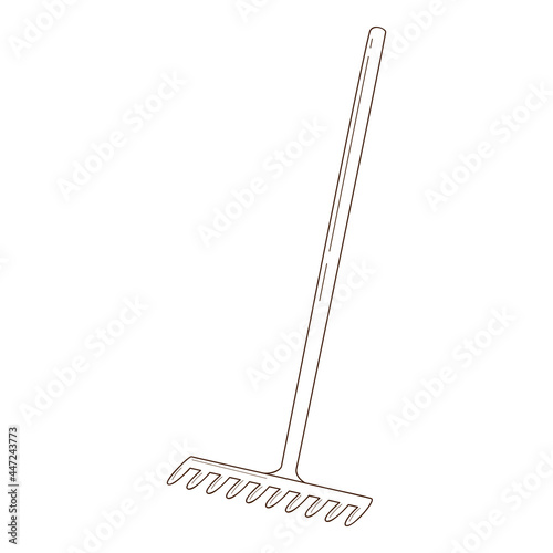 Rake for loosening the ground and collecting leaves. Garden tools, a symbol of autumn. Decorative element with an outline. Doodle, hand-drawn. Black white vector illustration. Isolated on white.