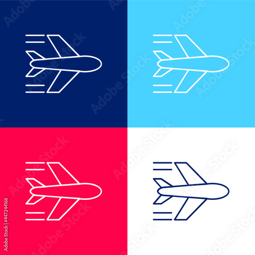 Airplane Flying blue and red four color minimal icon set
