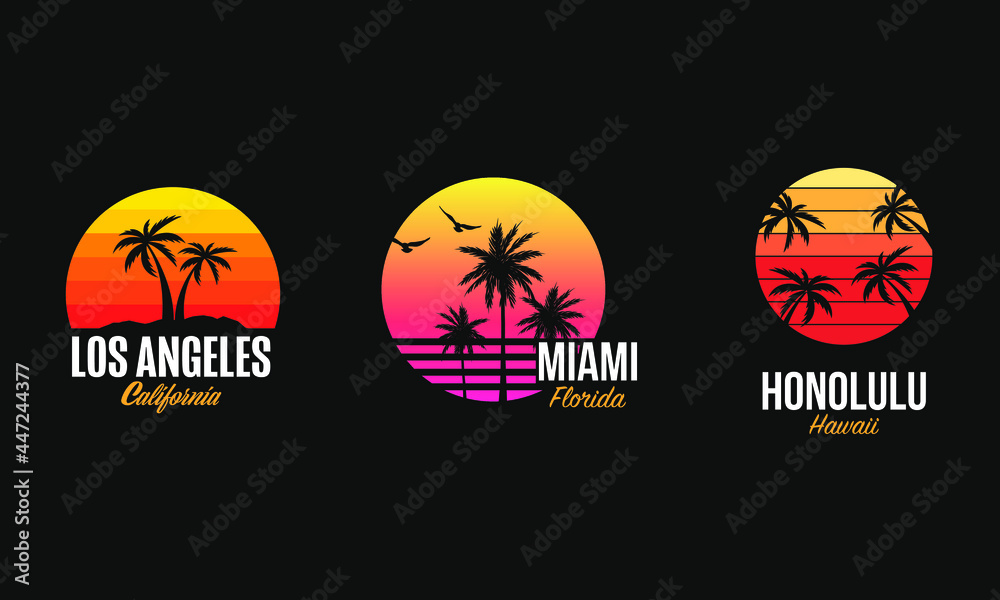 Tshirt prints, apparel layouts, clothing templates in 80's retro vintage style with palms, sunset and birds, symbols of Los Angeles, Miami and Honolulu