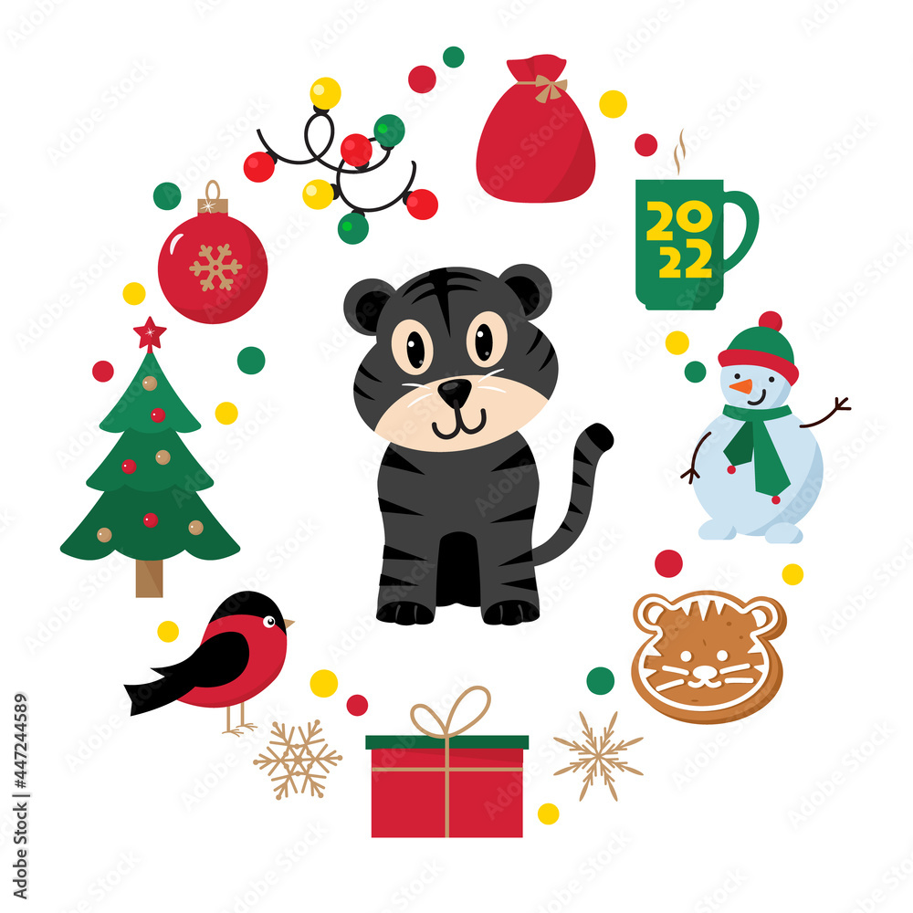 Obraz premium 2020 New Year Card. Year of the rat, Year of the mouse. Vector illustration. Mouse, cow, tiger, dragon, snake, horse, sheep, monkey, rooster, dog, wild boar: Chinese character translation