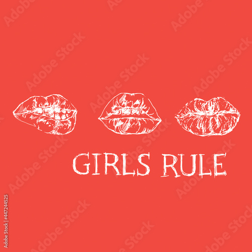 Hand drawing vector art of girls lips. White grafic on red background