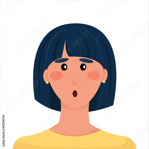 surprised girl portrait. avatar of  woman. cartoon character. brunette with square haircut. Vector illustration, flat