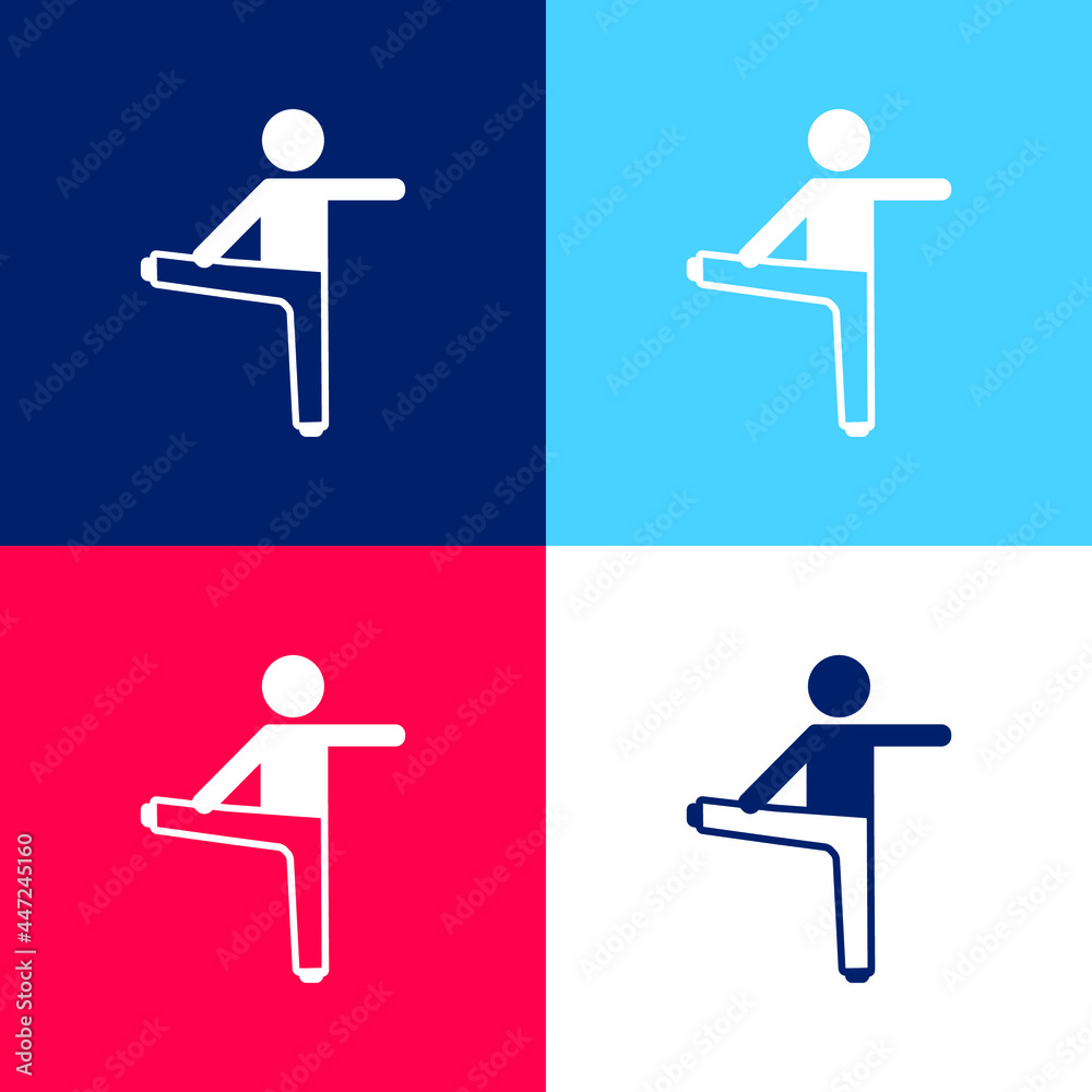 Boy Stretching Righ Leg And Left Arm blue and red four color minimal icon set Boy Stretching Righ Leg And Left Arm blue and red four color minimal icon set