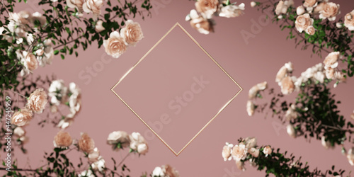 3D background square gold frame display. on dust pink. Nature rose flower blossom. Feminine summer and spring, beauty product, cosmetic promotion or text showcase banner . Abstract  mockup 3D render photo