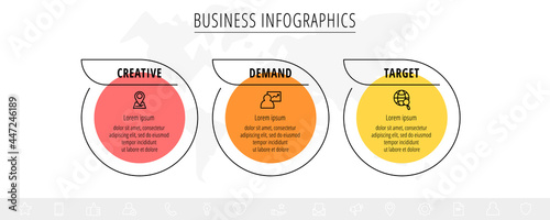 Line vector minimal infographic with three circles. Modern timeline business concept with 3 steps by step for diagram, chart, flowchart, levels, graphic, app, web