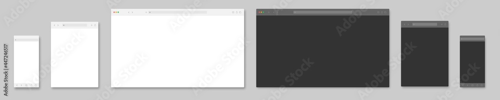 Obraz premium browser window mockup. website template vector frame. web site computer screen mock up. pc, laptop, mobile, tablet browser view isolated light, dark, night mode theme