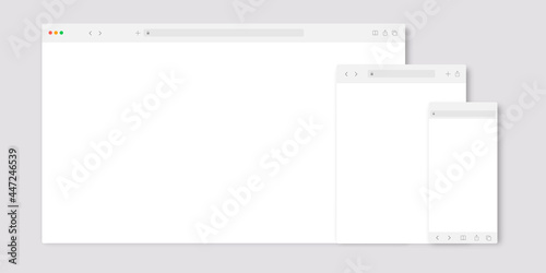 browser window mockup. website template vector frame. web site computer screen mock up. pc, laptop, mobile, tablet browser view isolated light, day mode theme photo