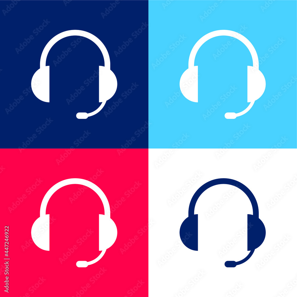 Audio Headset Of Auriculars With Microphone Included blue and red four color minimal icon set Audio Headset Of Auriculars With Microphone Included blue and red four color minimal icon set