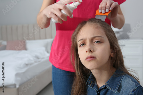 Mother using nit comb and spray on daughter's hair at home. Anti lice treatment