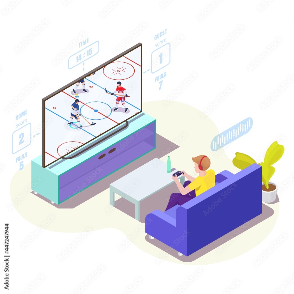 Man gamer in headphones playing ice hockey video game on tv, vector isometric illustration. Online gaming, console games Man gamer in headphones playing ice hockey video game on tv, vector isometric illustration. Online gaming, console games