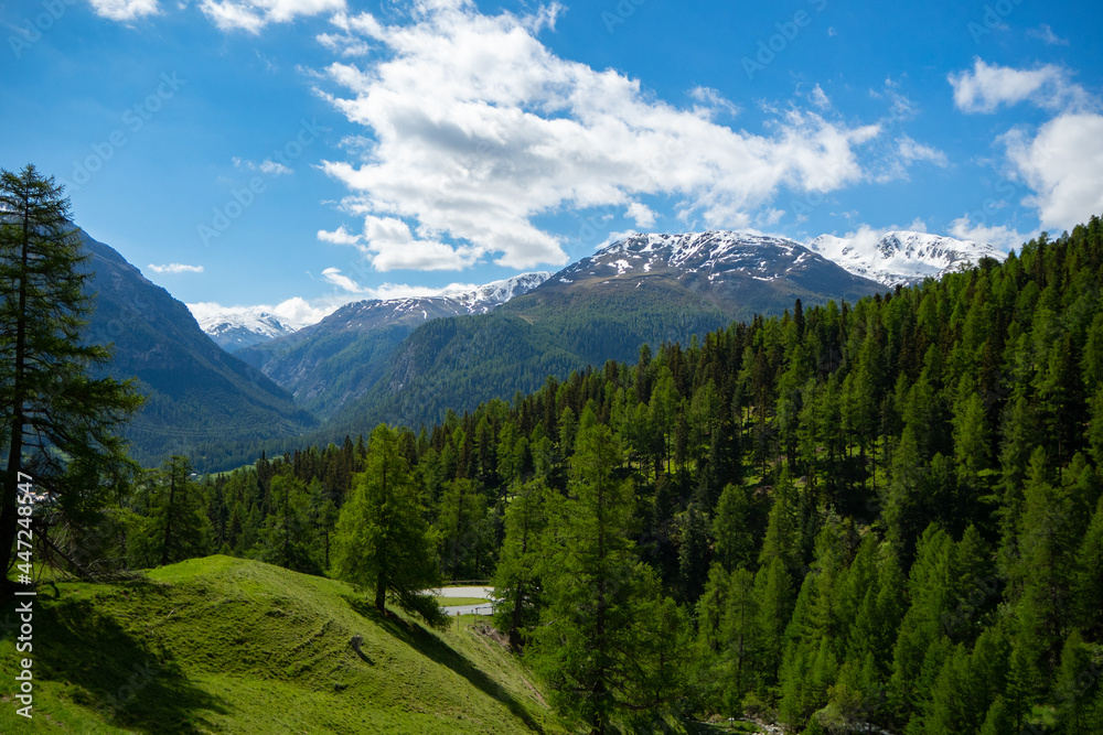 View from Albula pass street, Switzerland, down to the Inn valley
