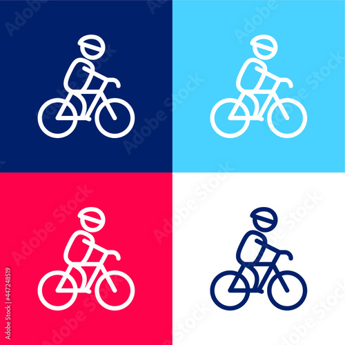 Biker With Helmet blue and red four color minimal icon set