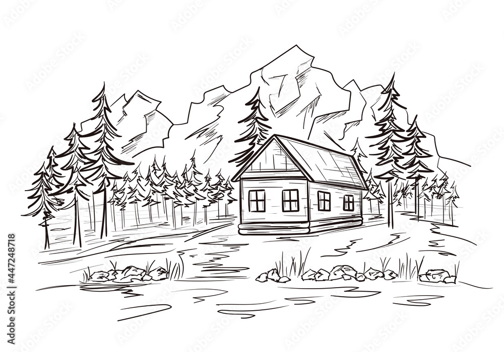 Fototapeta premium Mountain landscape with wood cabin in line sketch style. House on the river bank in a pine forest. Tourism, outdoor recreation by the lake. Isolated vector illustration