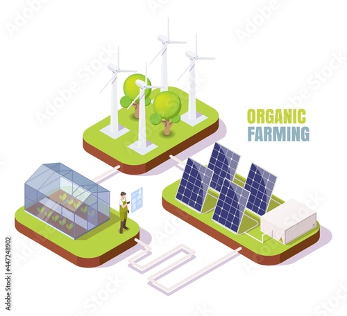 Organic farm. Isometric greenhouse, wind turbines, solar panels. Glasshouse using clean alternative energy, vector.