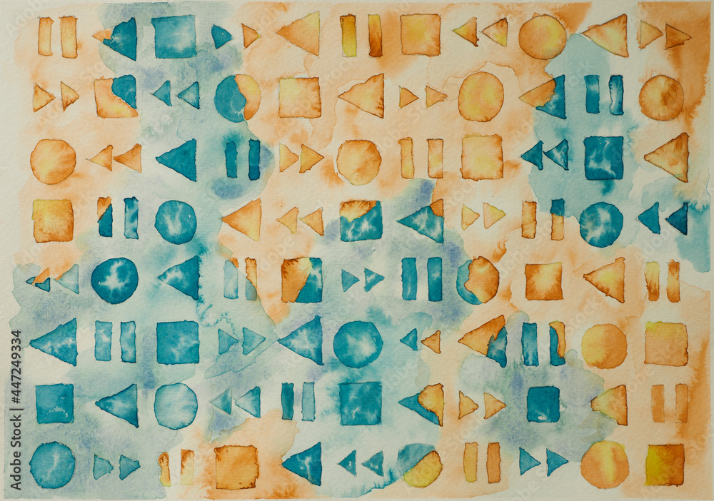 Media control symbols in teal and orange soft watercolour painted pattern. Original painting on textured watercolour paper Media control symbols in teal and orange soft watercolour painted pattern. Original painting on textured watercolour paper