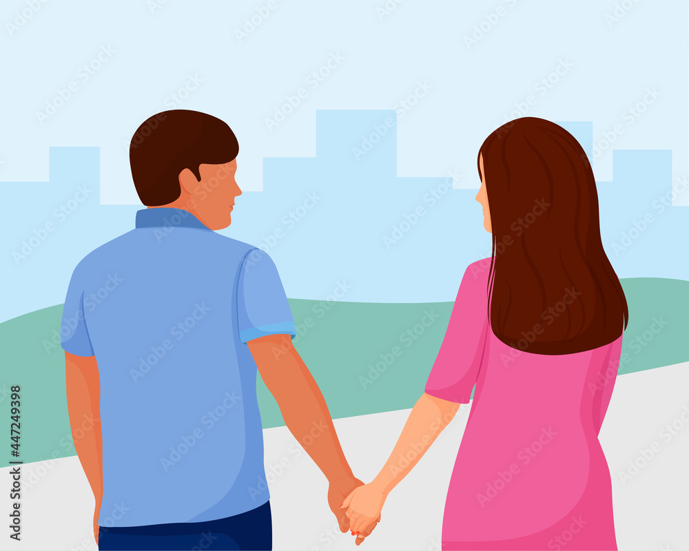 Fototapeta premium A loving couple hold hands. Vector illustration in flat style