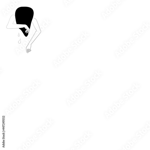 A black-and-white image of a young woman bowing her head at the window sill.Lady crying in corner with copy space on white background.Vector isolate flat design concept For depression, lonely ,sadness © chobbare