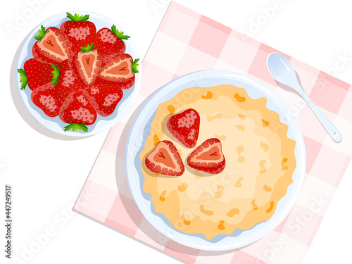 Bowl with oat porridge and bowl with strawberries, spoon near. Breakfast, healthy food, dieting concept. Isolated vector illustration for flyer, poster, banner.