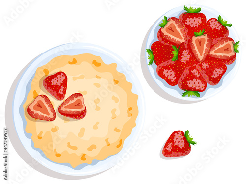 Bowls with oat porridge and strawberries. Breakfast, healthy food, dieting concept. Isolated vector illustration for flyer, poster, banner.