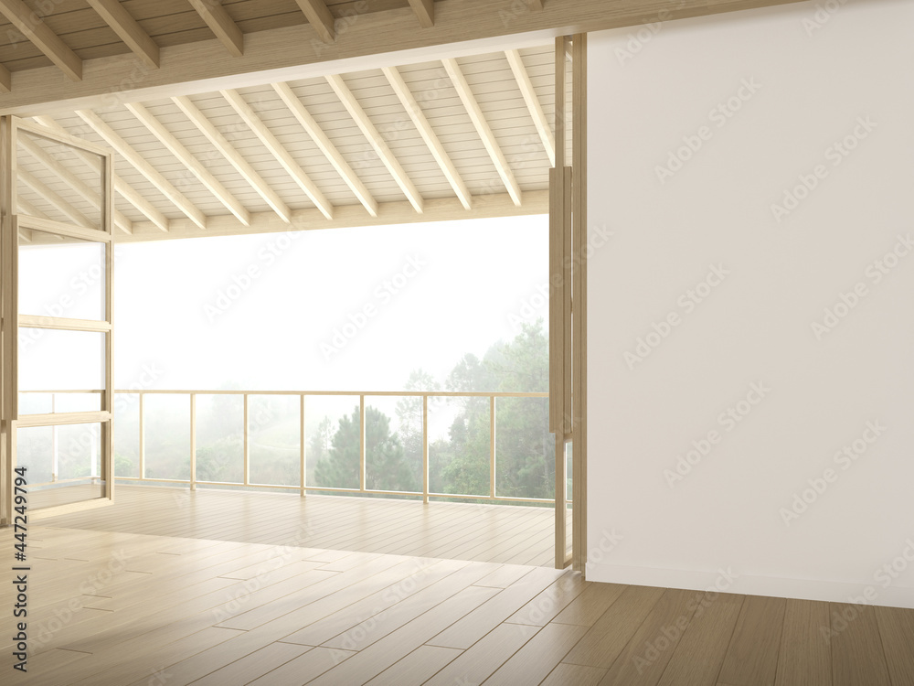 3d rendering of modern luxury room with wooden floor and balcony on tree background, Large window and door. 3d rendering of modern luxury room with wooden floor and balcony on tree background, Large window and door.