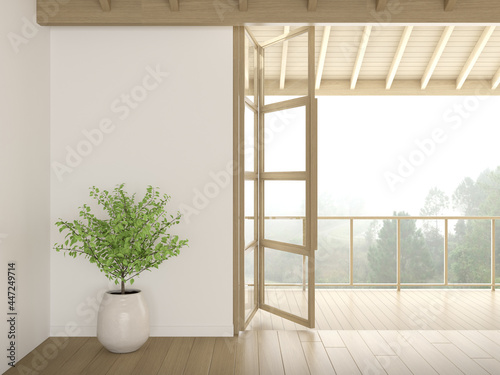3d render of empty room with white wall and vase of plant on wooden laminate floor.