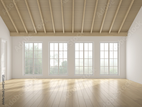 3D rendering of white empty room with wooden floor and sun light cast shadow on the wall. Windows and nature background.