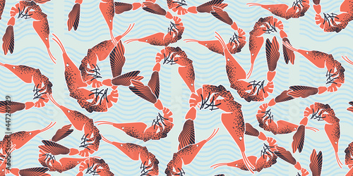 Seamless pattern, background, wrapping paper, illustration, postcard, print with colorful cute shrimps in vector