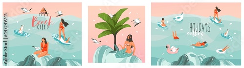 Hand drawn vector abstract stock graphic summer time cartoon, contemporary illustrations prints collection set with beach surfers group characters,flamingo floats and mermaid on color background.