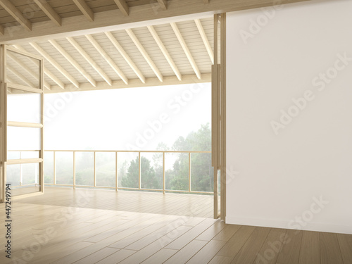 3d rendering of modern luxury room with wooden floor and balcony on tree background, Large window and door.