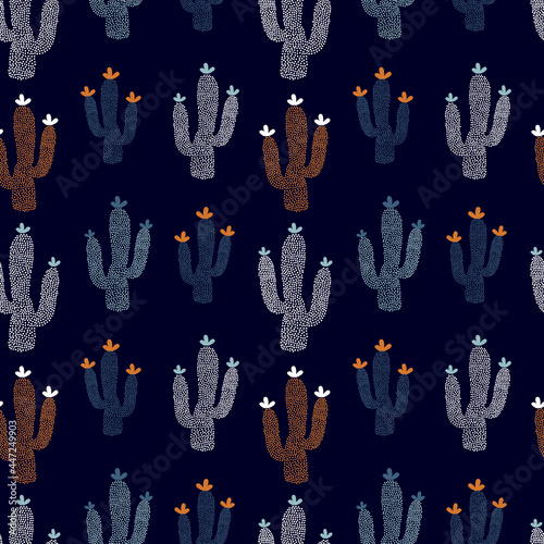 cactus pattern. There is seamless pattern on dark background. silhouette of succulent. Points. stylized image. flowering plant. Vector illustration, hand drawn